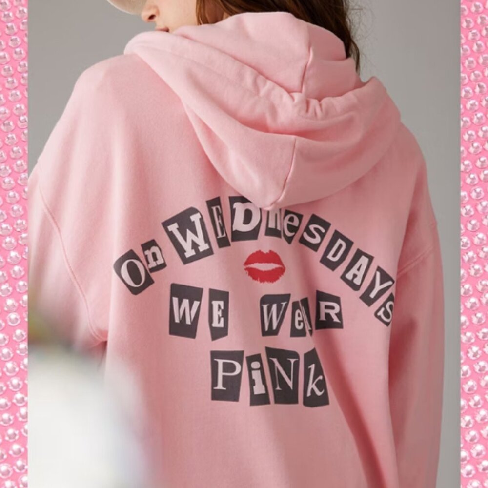 AE x Mean Girls Oversized Zip-Up Pink Hoodie sz M On Wednesdays We Wear Pink NWT